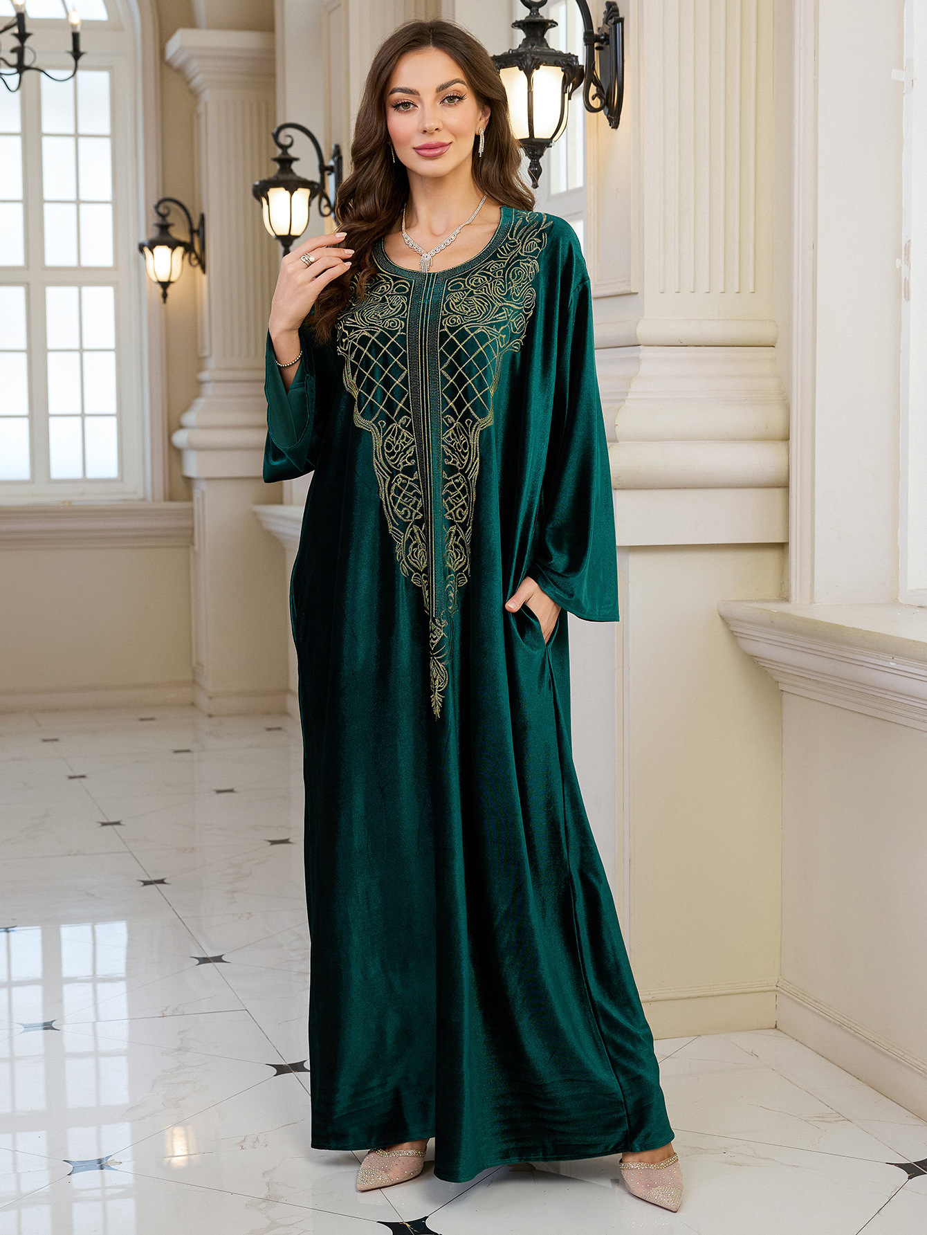 Elegant Embroidered Kaftan Dress Beach Bathing Suit Cover up Long Maxi Dress